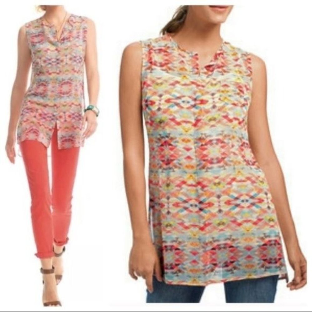 Cabi XS AVERY Tunic Sleeveless Top 760 Sheer Geometric Print Summer